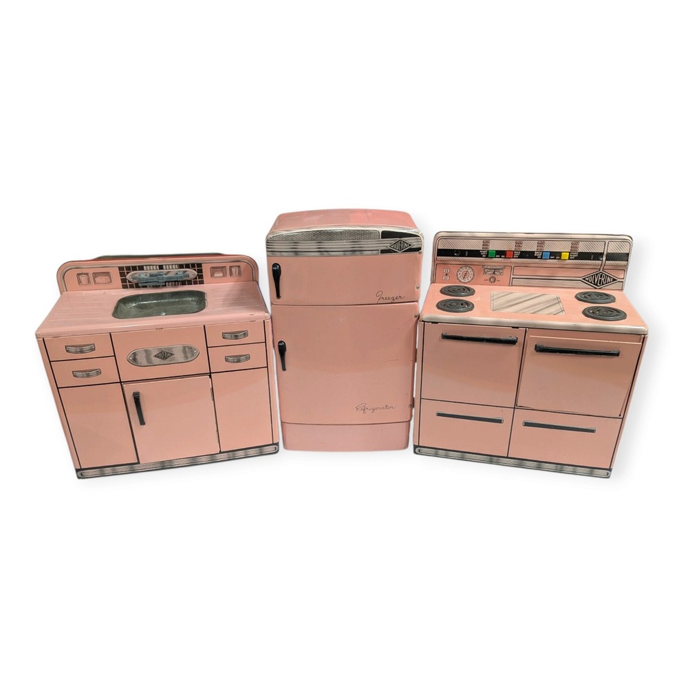 Vintage Wolverine Tin Litho Pink Toy Kitchen Set Refrigerator Stove Sink 1950s